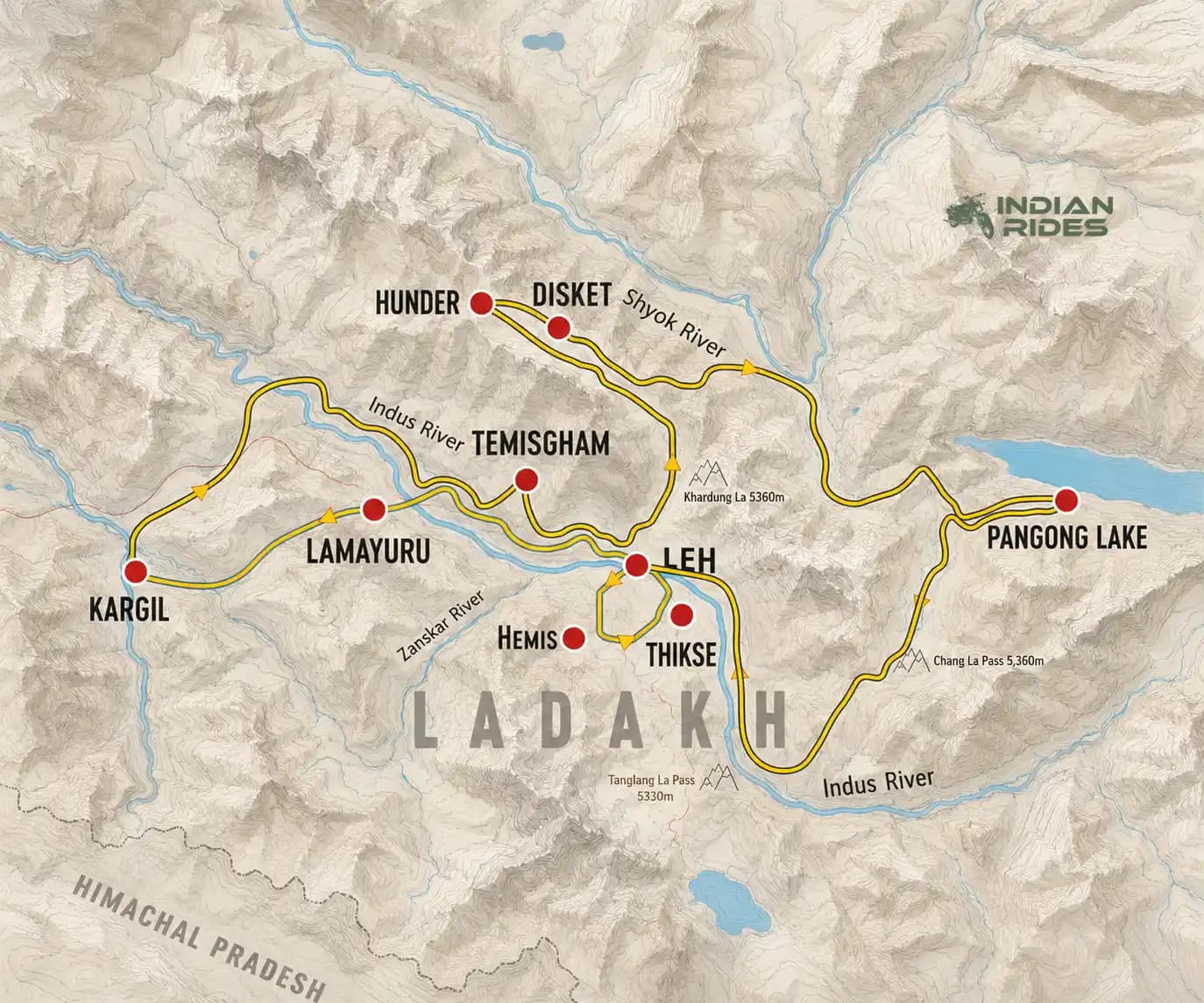 Ladakh Motortour – Conquer Himalaya | Indian Rides Kaart van Ladakh met de Conquer Himalaya-motorroute van Kargil via Leh, Khardung La en Chang La naar Pangong Lake.