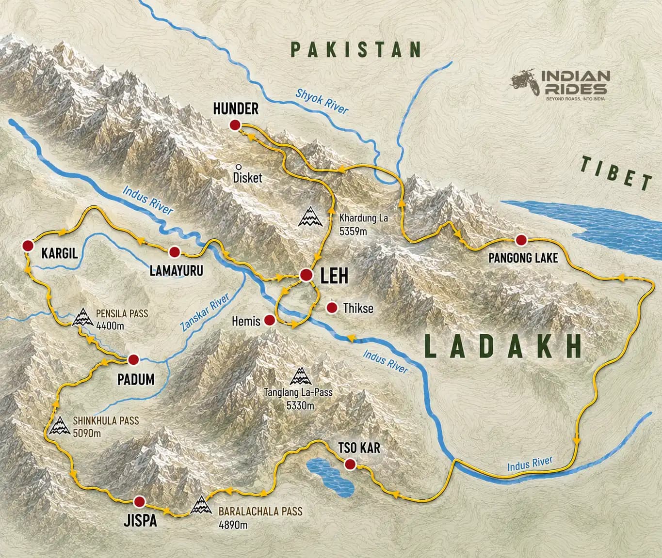 Indian Rides – Trans-Himalaya motorreis door Ladakh & Zanskar Indian Rides kaart van een Trans-Himalaya motorreis door Ladakh, Zanskar en de Himalaya.